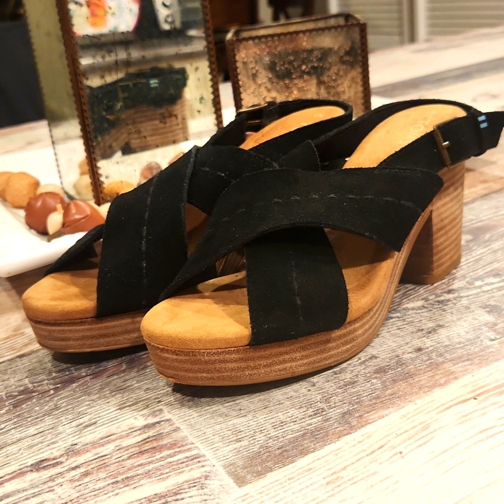 TOMS Ibiza Platform Slingback Sandal in Black Suede 7